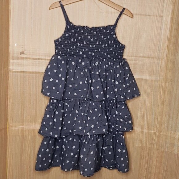Carters Girls Blue White Star Print Shirred Tiered Sleeveless Dress 6 - Picture 1 of 7